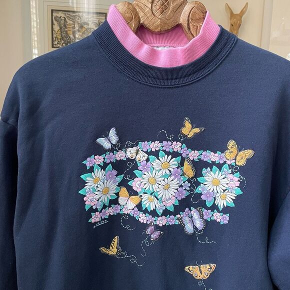 Vintage 80s Layered Look Graphic Sweatshirt Flowers Butterfly L - Picture 1 of 8